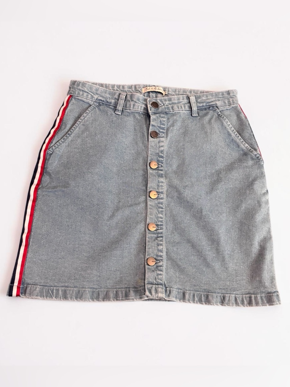 Mast & Harbour Denim Mini Skirt Button Front Side Stripe Light Wash Size 30